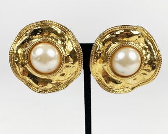 1980s Vintage Statement Gold-Tone Metal & Faux Pearl Clip-On Earrings