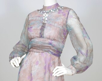 1970s Vintage Watercolor Cut-Out Balloon-Sleeve Voile Mini Dress Sz XXS XS