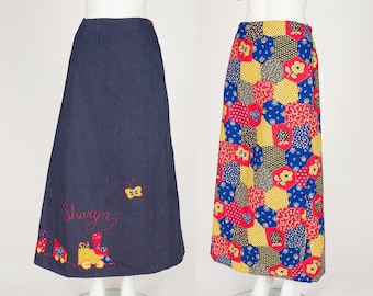 1970s Vintage Reversible Cotton Patchwork & "Sharyn" Appliquéd Denim Wrap Maxi Skirt