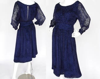 Yvonne 1970s Vintage Custom Made Navy Blue Devore Blouse & Skirt Set Sz S
