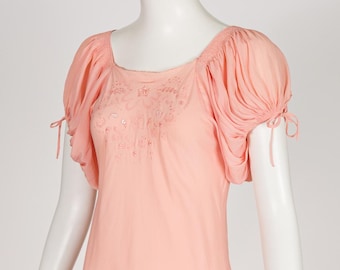 1930s Embroidered Peach Silk Puff Sleeve Bias Cut Vintage Lingerie Slip Dress Sz XS S