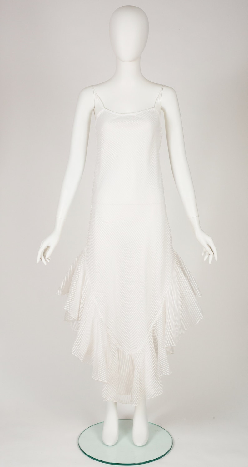 1980s Vintage Striped White Organza Ruffle Hem Sleeveless Gown Sz XS S image 1