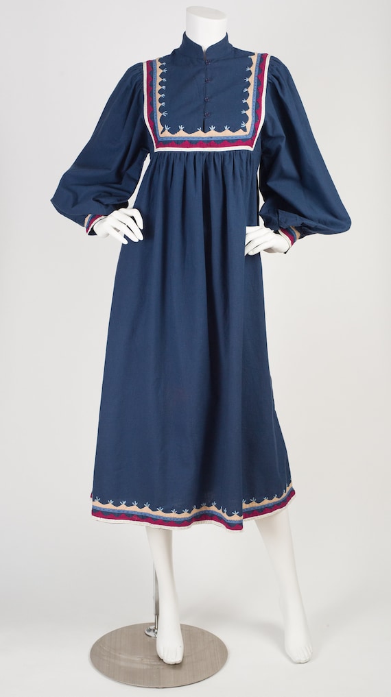 1970s Vintage Poet Sleeve Bohemian Blue Cotton Dre