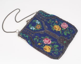 1910s 1920s Antique German Floral Navy Micro-Bead Evening Handbag