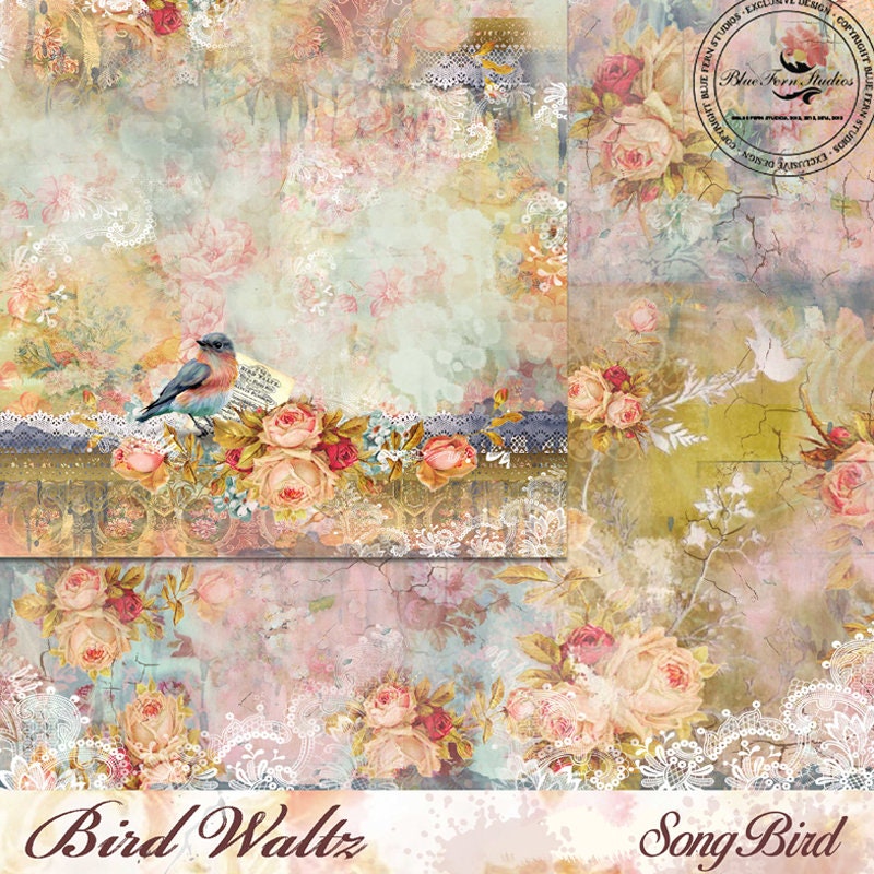 Blue Fern Studios Bird Waltz  Song Bird 12x12 Scrapbook Paper, 2 pcs