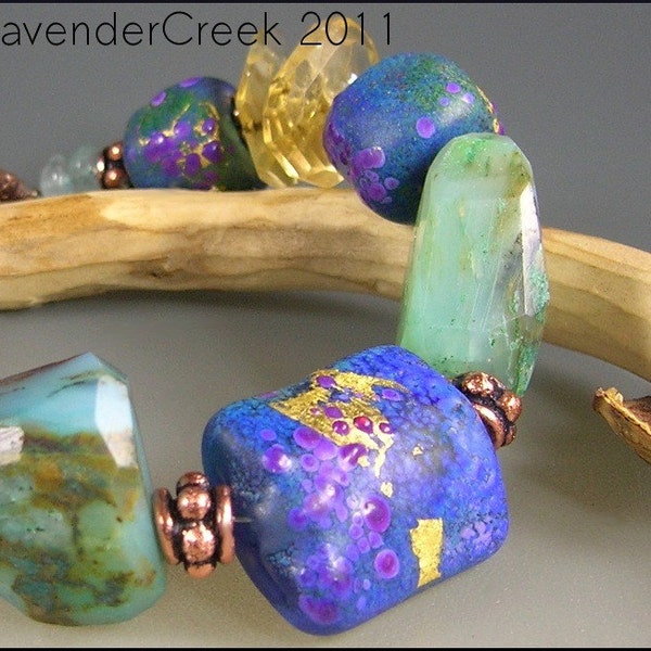 Glass Lampwork Bead, Citrine, Peruvian Opal  and Copper  Bracelet - LavenderCreek Glass