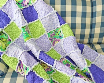 Purple and Green Floral Rag Quilt. Lap Quilt for Mother's Day Gift. Sunroom Decor. Rag Quilt Throw.