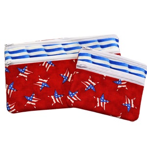 Double Zipper Pouch Patriotic . Small or Large Bag. Red White and Blue Cosmetic Bag for Her. Zipper Pouch with Front Pocket. Vacation Bag. Both bags