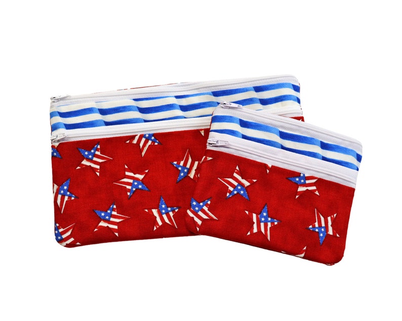 Double Zipper Pouch Patriotic . Small or Large Bag. Red White and Blue Cosmetic Bag for Her. Zipper Pouch with Front Pocket. Vacation Bag. Both bags