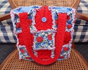 Patriotic Floral Rag Tote. Red, White, and Blue Rag Quilt Tote. Flower Bag. Gift for Mom. Craft Tote. Gift for Her. Tote Bag with Pockets.