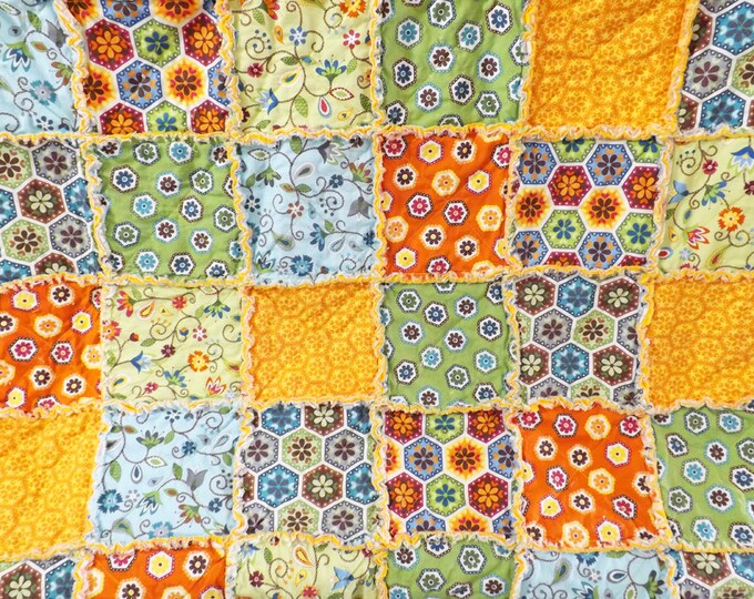 Twin Size Rag Quilt Stitch Organic Fabrics Orange Blue Etsy