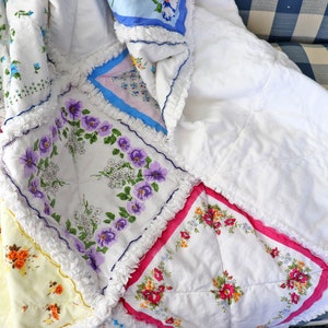 Handkerchief Rag Quilt. New Vintage Style Hankies Quilt with Flowers. Floral Hanky Lap Quilt for Her. image 7