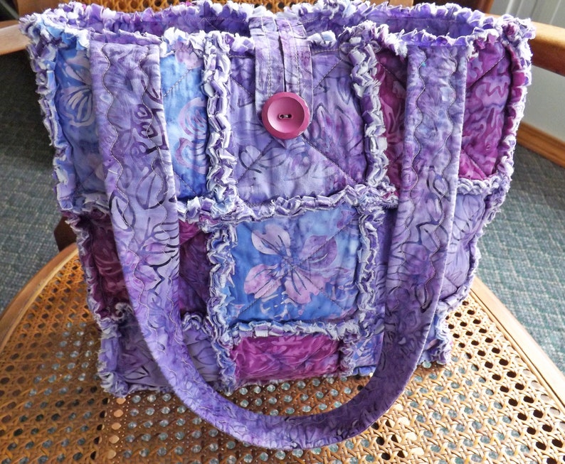 Tropical Purple Rag Quilt Tote Rag Quilt Purse Vacation Bag Rag Bag Purple Batik Tote Bag Gift for Her Summer Vacation Tote Bag