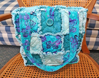 Cyan Blue Batik Rag Tote. Tropical Vacation Bag. Gift for Mom. Craft Tote. Gift for Her. Tote Bag with Pockets.