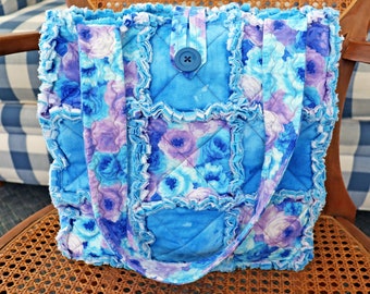 Watercolor Blue Floral Rag Tote. Rag Quilt Tote. Flower Bag. Gift for Mom. Craft Tote. Gift for Her. Tote Bag with Pockets.