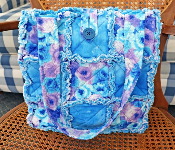 Watercolor Blue Floral Rag Tote. Rag Quilt Tote. Flower Bag. | Etsy