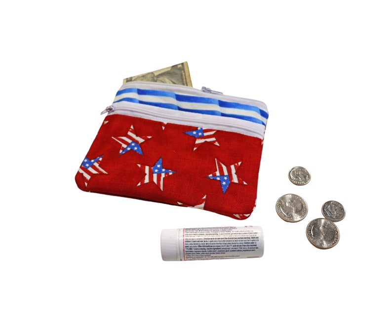 Double Zipper Pouch Patriotic . Small or Large Bag. Red White and Blue Cosmetic Bag for Her. Zipper Pouch with Front Pocket. Vacation Bag. image 9