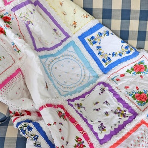 Handkerchief Rag Quilt. New Vintage Style Hankies Quilt with Flowers. Floral Hanky Lap Quilt for Her.