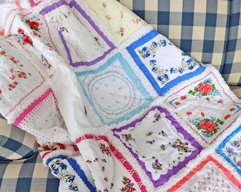 Handkerchief Rag Quilt. New Vintage Style Hankies Quilt with Flowers. Floral Hanky Lap Quilt for Her.