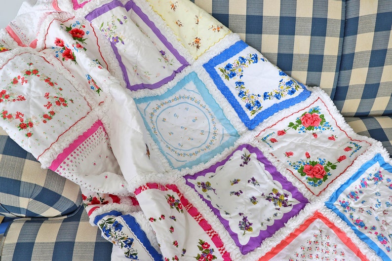 Handkerchief Rag Quilt. New Vintage Style Hankies Quilt with Flowers. Floral Hanky Lap Quilt for Her. image 1