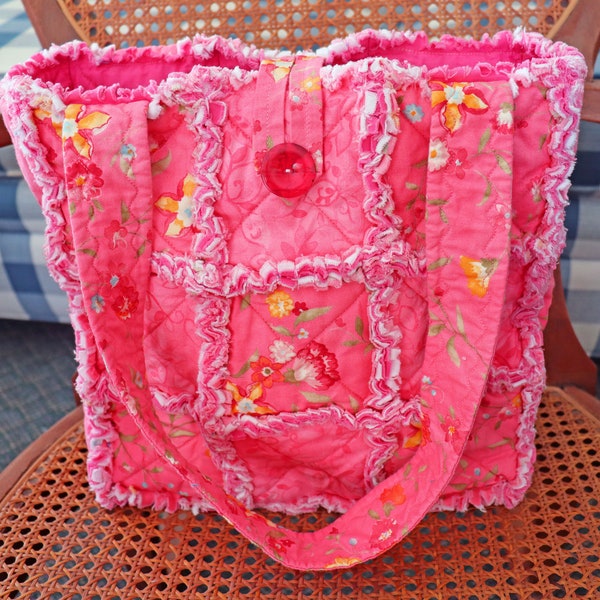 Pink Floral Rag Tote. Rag Quilt Tote. Flower Bag. Gift for Mom. Craft Tote. Gift for Her. Tote Bag with Pockets.