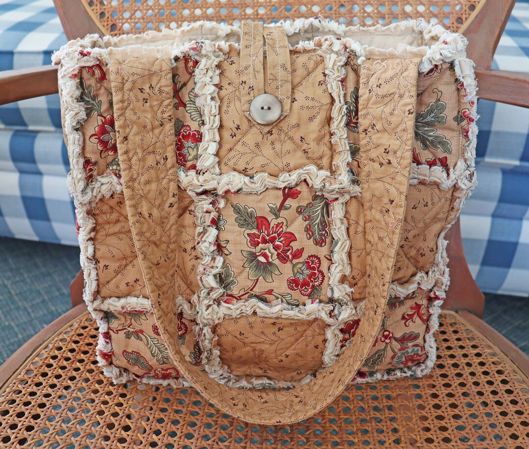 Light Brown Floral Rag Tote. Rag Quilt Tote. Flower Bag. Gift for Mom. Craft Tote. Gift for Her