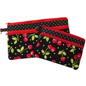 Cherries and Polka Dots Double Zipper Pouch: Small or Large Bag