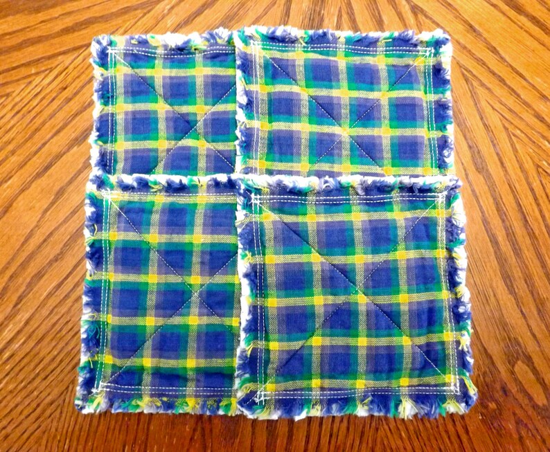 Rag Quilt Coaster Set. Blue and Green Homespun Plaid Coasters. Etsy