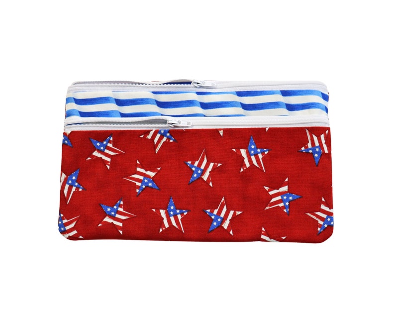 Double Zipper Pouch Patriotic . Small or Large Bag. Red White and Blue Cosmetic Bag for Her. Zipper Pouch with Front Pocket. Vacation Bag. image 4