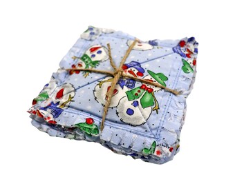 Light Blue Snowman Rag Quilt Coaster Set. Set of 4. Snowmen Candle Mat Add On. Christmas Table Decor. Holiday Living Room Decor.