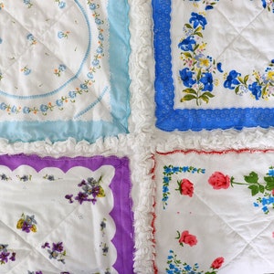 Handkerchief Rag Quilt. New Vintage Style Hankies Quilt with Flowers. Floral Hanky Lap Quilt for Her. image 5