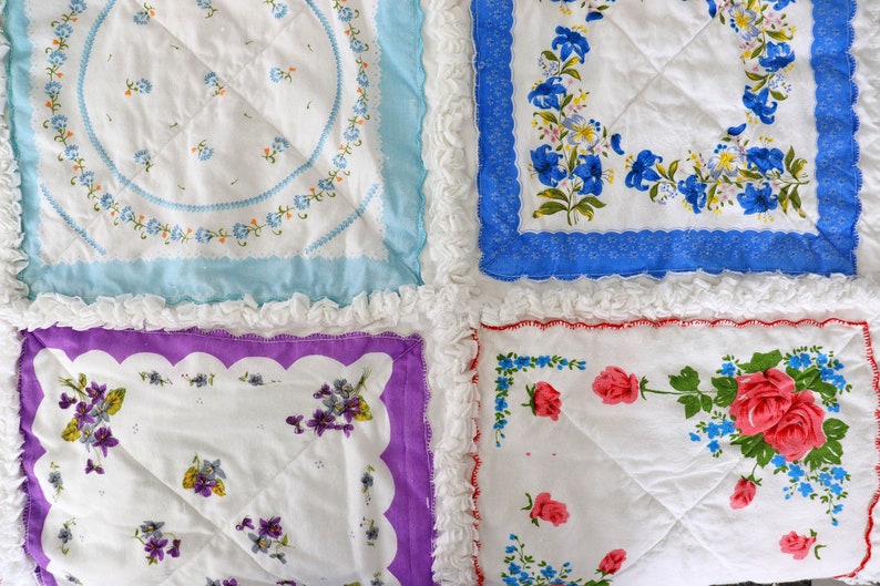 Handkerchief Rag Quilt. New Vintage Style Hankies Quilt with Flowers. Floral Hanky Lap Quilt for Her. image 5