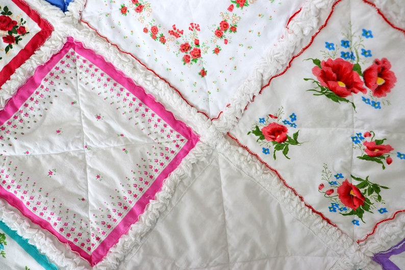 Handkerchief Rag Quilt. New Vintage Style Hankies Quilt with Flowers. Floral Hanky Lap Quilt for Her. image 6