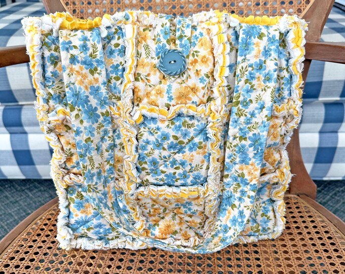 Blue and Yellow Floral Rag Tote. Rag Quilt Tote. Summer Gift for Mom ...