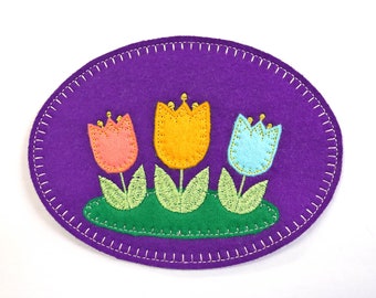 Wool Felt Tulip Mug Rug. Purple Tulip Coaster. Embroidered Floral Mug Rug. Spring Coaster or Mug Rug. Gift for Friend.