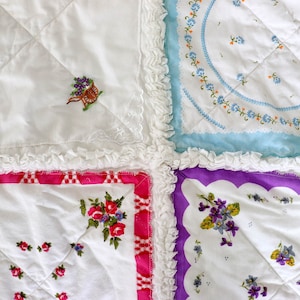 Handkerchief Rag Quilt. New Vintage Style Hankies Quilt with Flowers. Floral Hanky Lap Quilt for Her. image 3