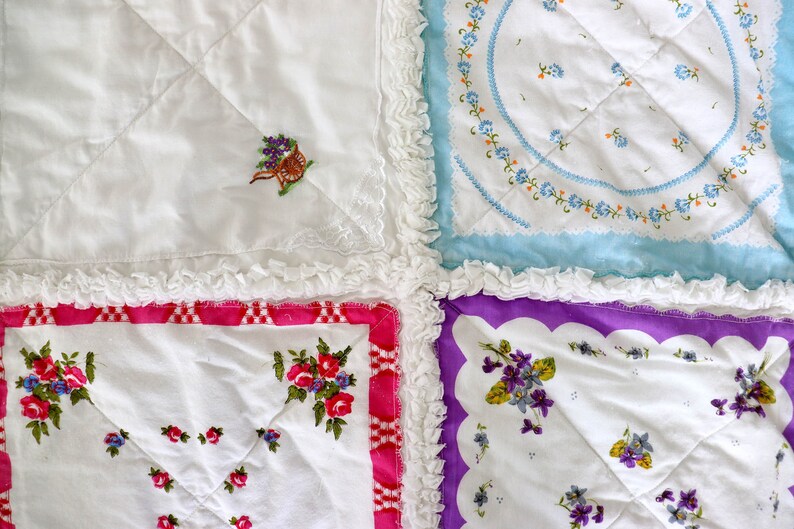 Handkerchief Rag Quilt. New Vintage Style Hankies Quilt with Flowers. Floral Hanky Lap Quilt for Her. image 3