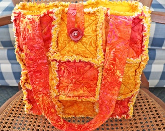Autumn Rag Quilt Tote. Fall Batik Tote Bag. Autumn Colors Tote Bag for Woman. Rag Bag. Tote Bag with Pockets.