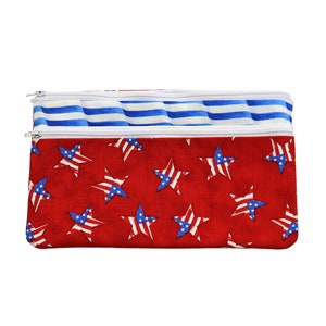 Double Zipper Pouch Patriotic . Small or Large Bag. Red White and Blue Cosmetic Bag for Her. Zipper Pouch with Front Pocket. Vacation Bag. Large bag