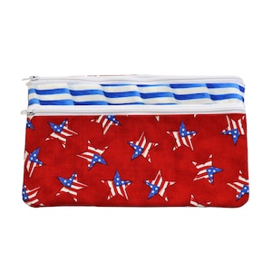 Double Zipper Pouch Patriotic . Small or Large Bag. Red White and Blue Cosmetic Bag for Her. Zipper Pouch with Front Pocket. Vacation Bag. Large bag