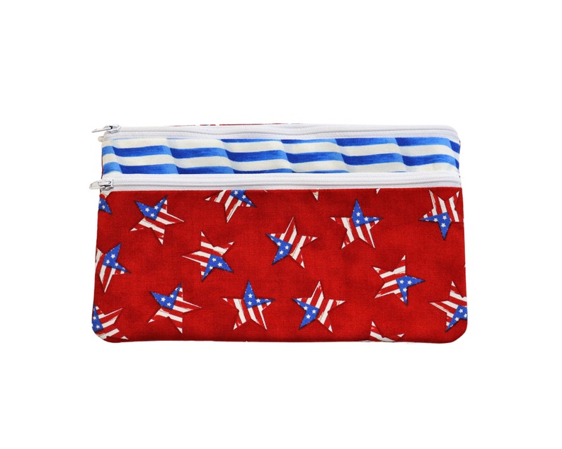 Double Zipper Pouch Patriotic . Small or Large Bag. Red White and Blue Cosmetic Bag for Her. Zipper Pouch with Front Pocket. Vacation Bag. Large bag