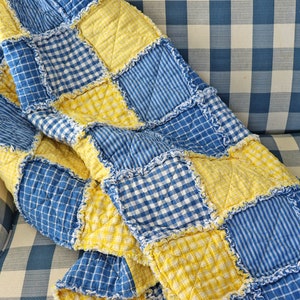 Blue and Yellow Homespun Rag Quilt. Homespun Lap Quilt. Rag Quilt. Farmhouse Decor. Plaid Quilt. Cabin Decor. Farmhouse Quilt.