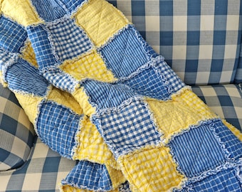 Blue and Yellow Homespun Rag Quilt. Homespun Lap Quilt. Rag Quilt. Farmhouse Decor. Plaid Quilt. Cabin Decor. Farmhouse Quilt.