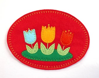 Wool Felt Tulip Mug Rug. Orange Tulip Coaster. Embroidered Floral Mug Rug. Spring Coaster or Mug Rug. Gift for Friend.