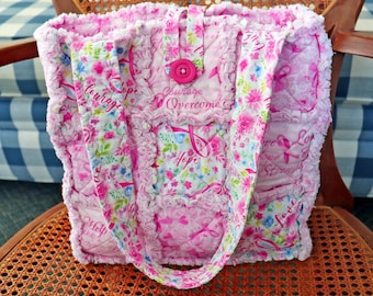 Pink Ribbon Rag Tote. Breast Cancer Awareness. Rag Quilt Tote. Gift for Breast Cancer Survivor. Tote Bag with Pockets