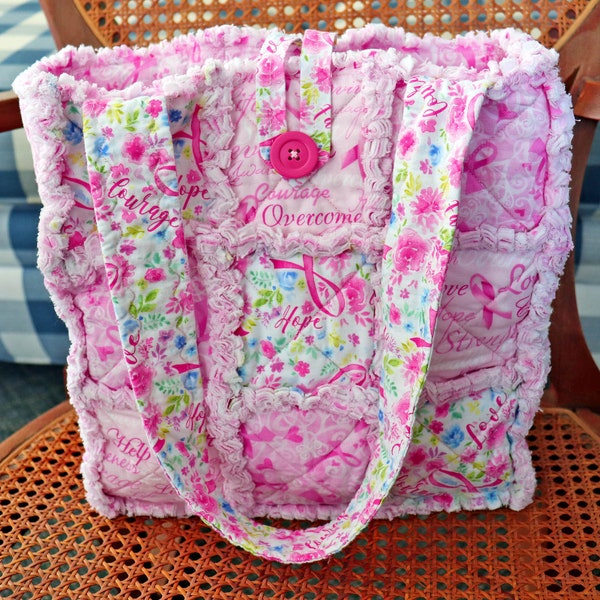 Pink Ribbon Rag Tote. Breast Cancer Awareness. Rag Quilt Tote. Gift for Breast Cancer Survivor. Tote Bag with Pockets