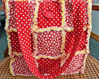 Red Dots and Flowers Rag Tote. Apple Picking Bag. Tote for Fall. Rag Quilt Tote. Tote for Mom. Craft Tote. Tote Bag with Pockets.