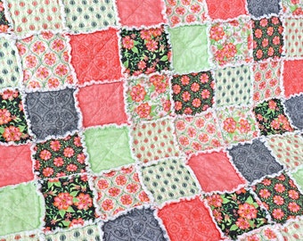 Pink and Green Floral Lap Rag Quilt. Gift for Mom. Lap Quilt for Sale.