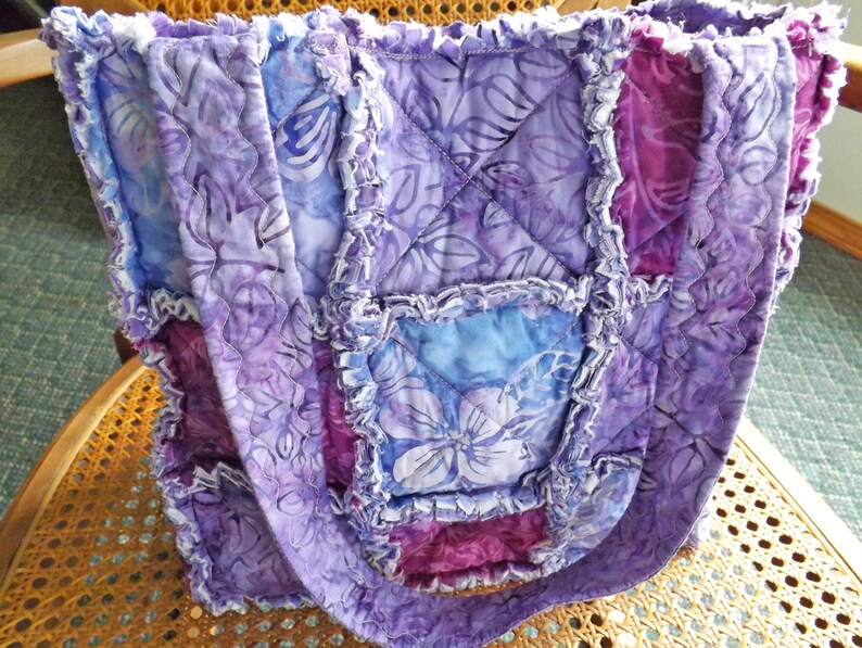 Tropical Purple Rag Quilt Tote Rag Quilt Purse Vacation Bag Rag Bag Purple Batik Tote Bag Gift for Her Summer Vacation Tote Bag