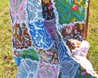 Floral Lap Rag Quilt - Lap Rag Quilt - blue, brown, yellow, green, pink - Gift for Her